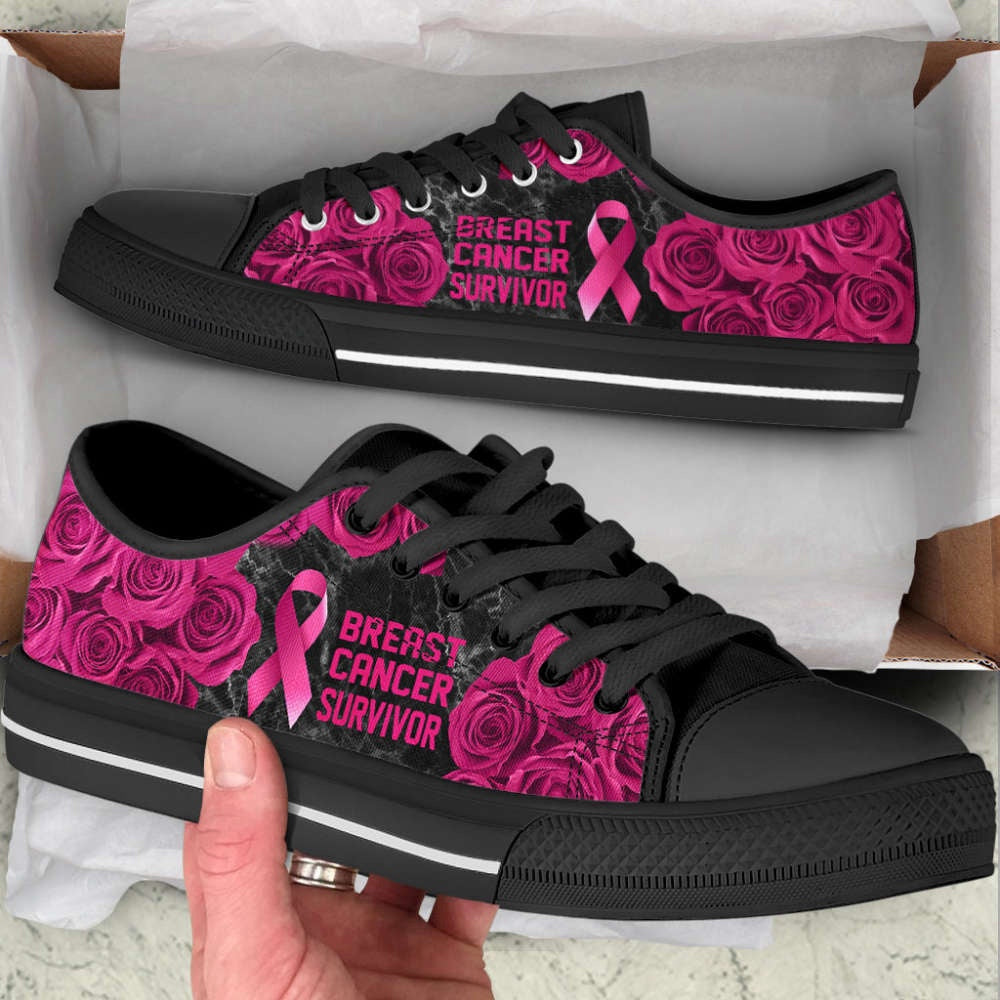 Breast Cancer Shoes Survivor Rose Flower Low Top Shoes Canvas Shoes, Breast Cancer Awareness Shoes