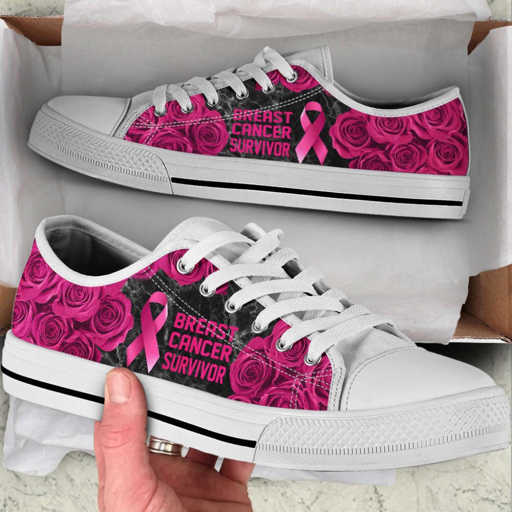 Breast Cancer Shoes Survivor Rose Flower Low Top Shoes Canvas Shoes, Breast Cancer Awareness Shoes