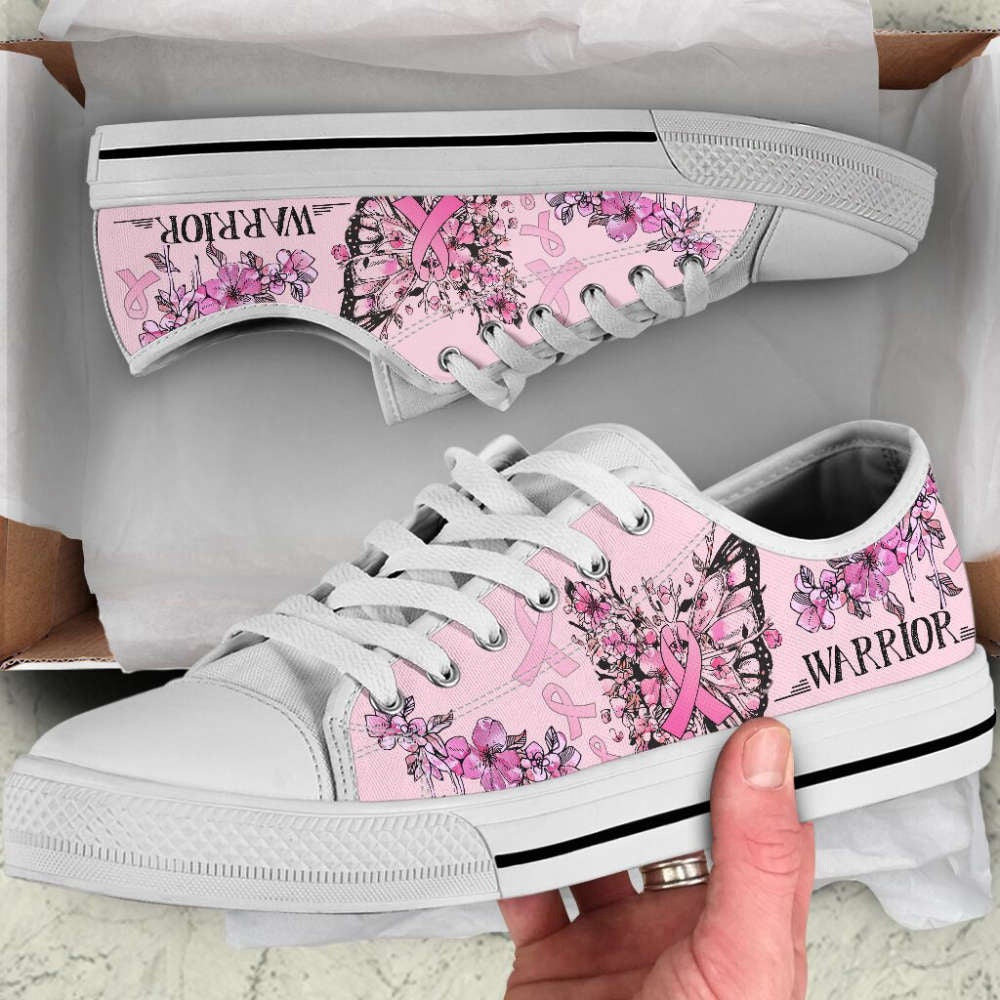 Breast Cancer Shoes Warrior Butterfly Flower Low Top Shoes Canvas Shoes, Breast Cancer Awareness Shoes