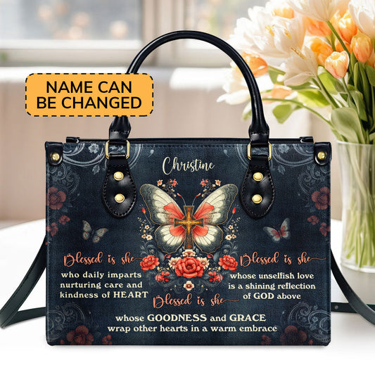 Butterflies Blessed Is She Personalized Leather Handbag - Custom Name Leather Handbags For Women