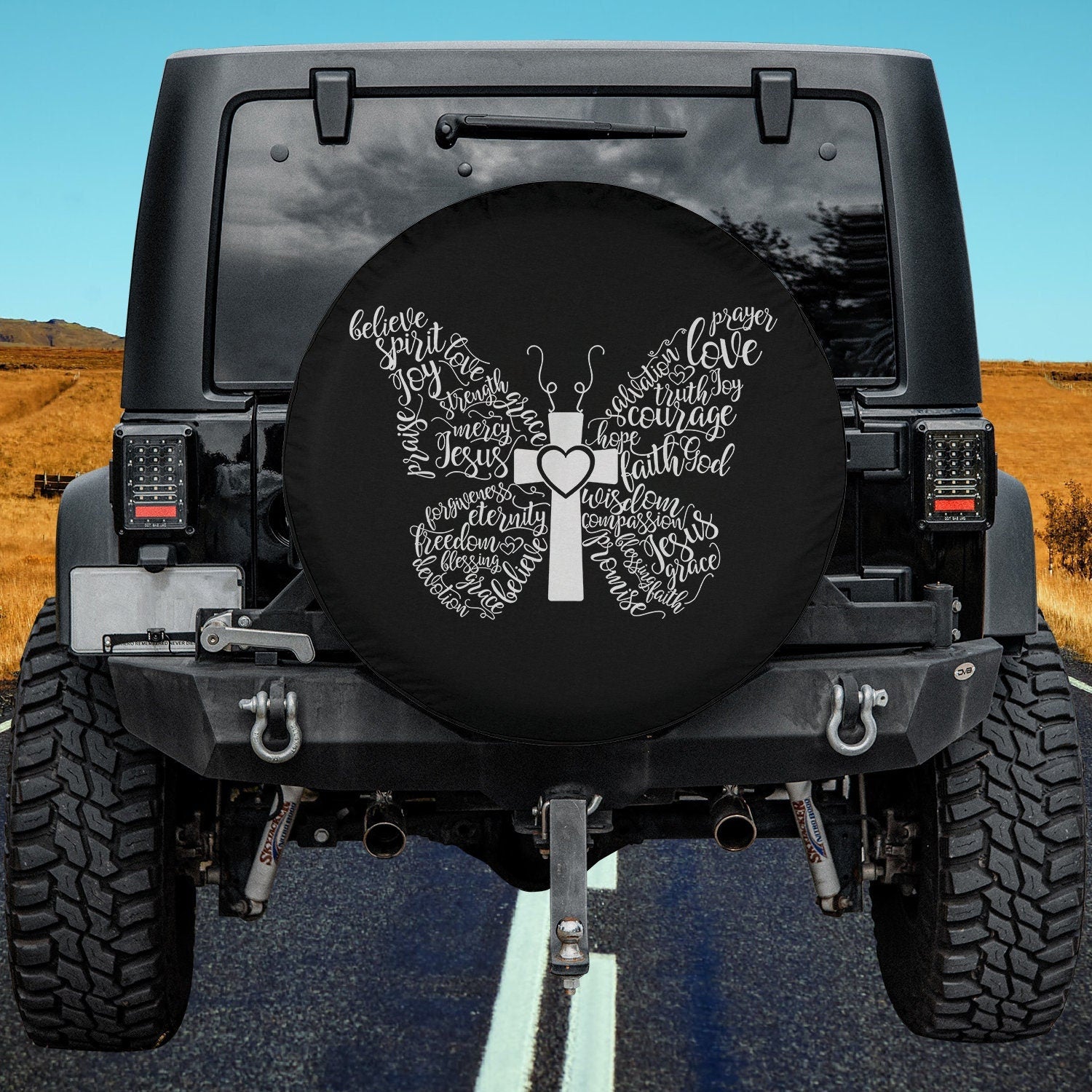 Butterfly Cross Christian Butterfly Jesus Christian Spare Tire Cover - Christian Tire Cover