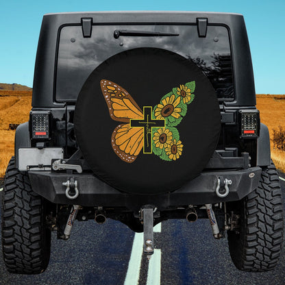 Butterfly Sunflower Cross Faith God Jesus Christian Spare Tire Cover - Christian Tire Cover