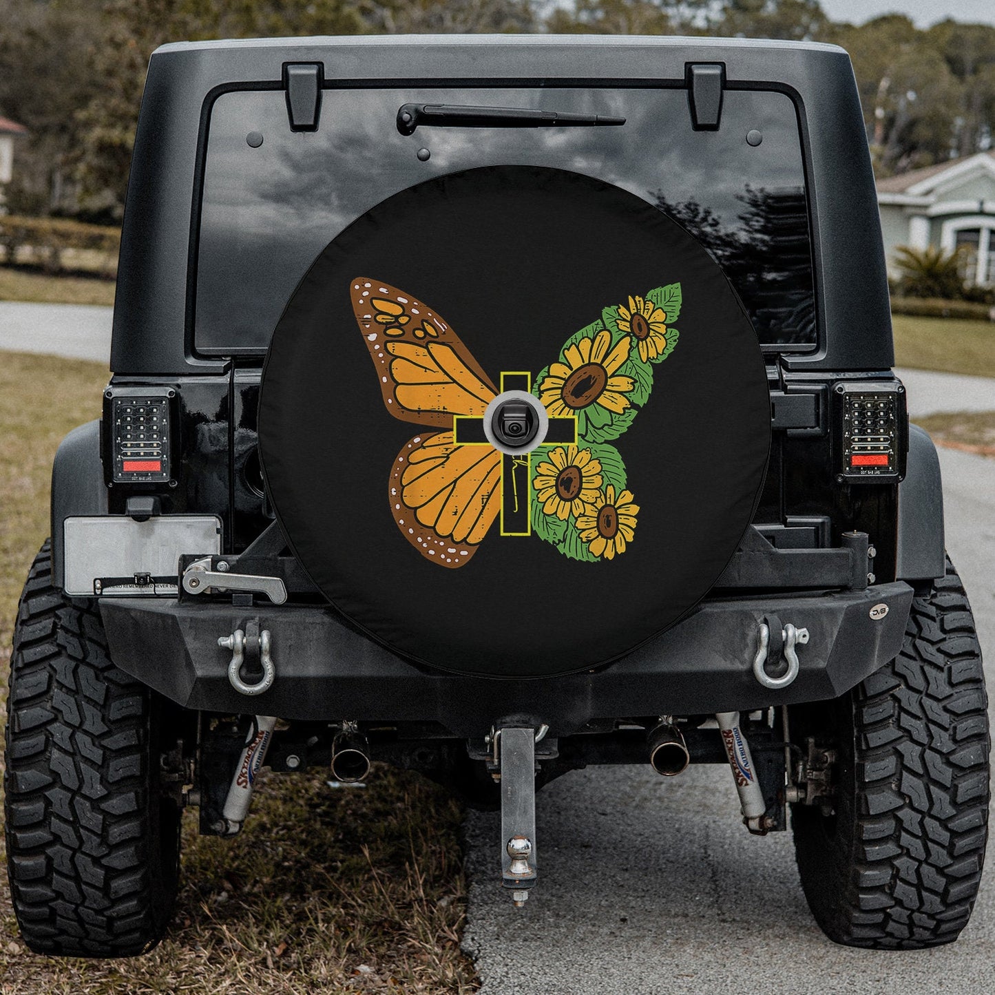 Butterfly Sunflower Cross Faith God Jesus Christian Spare Tire Cover - Christian Tire Cover