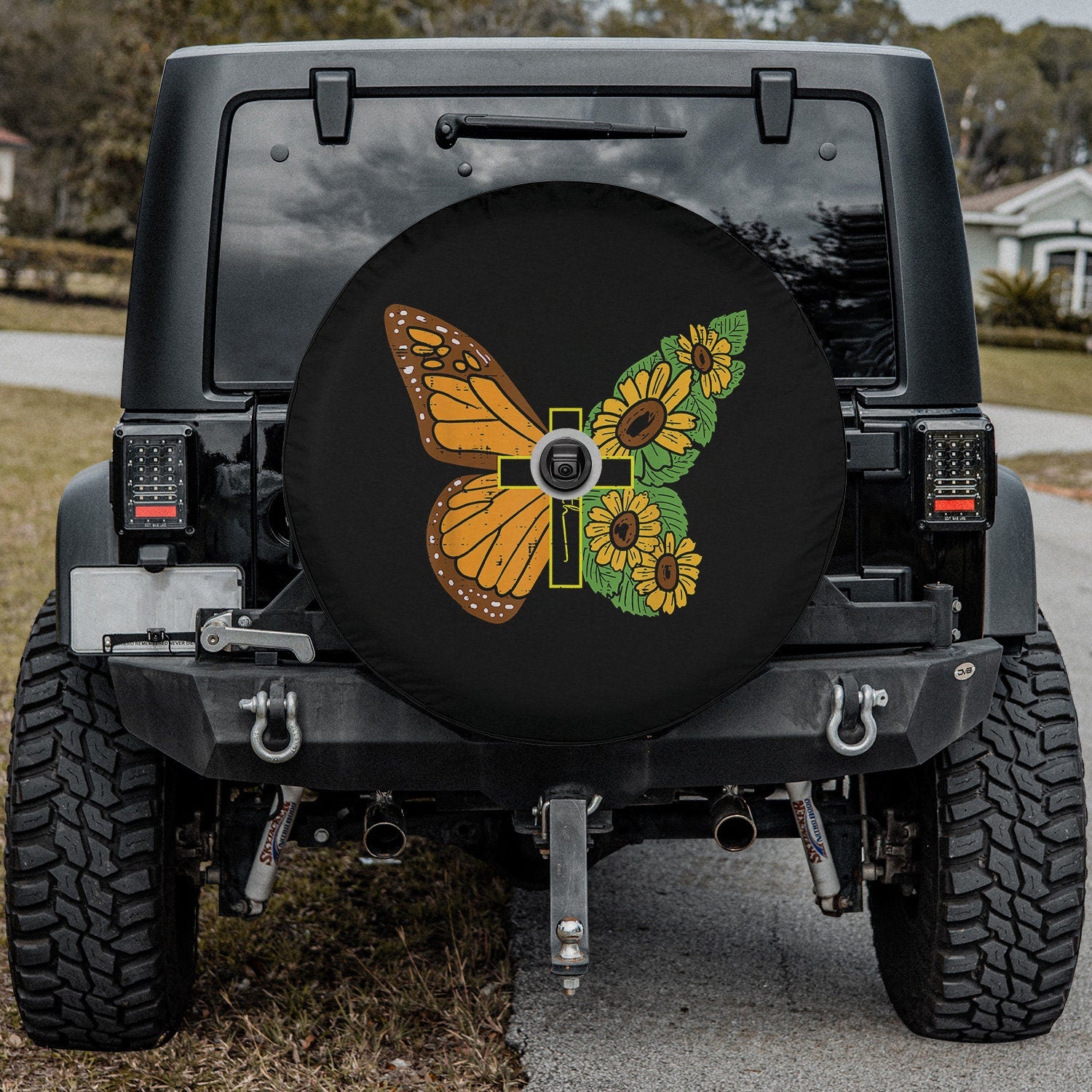 Butterfly Sunflower Cross Faith God Jesus Christian Spare Tire Cover - Christian Tire Cover