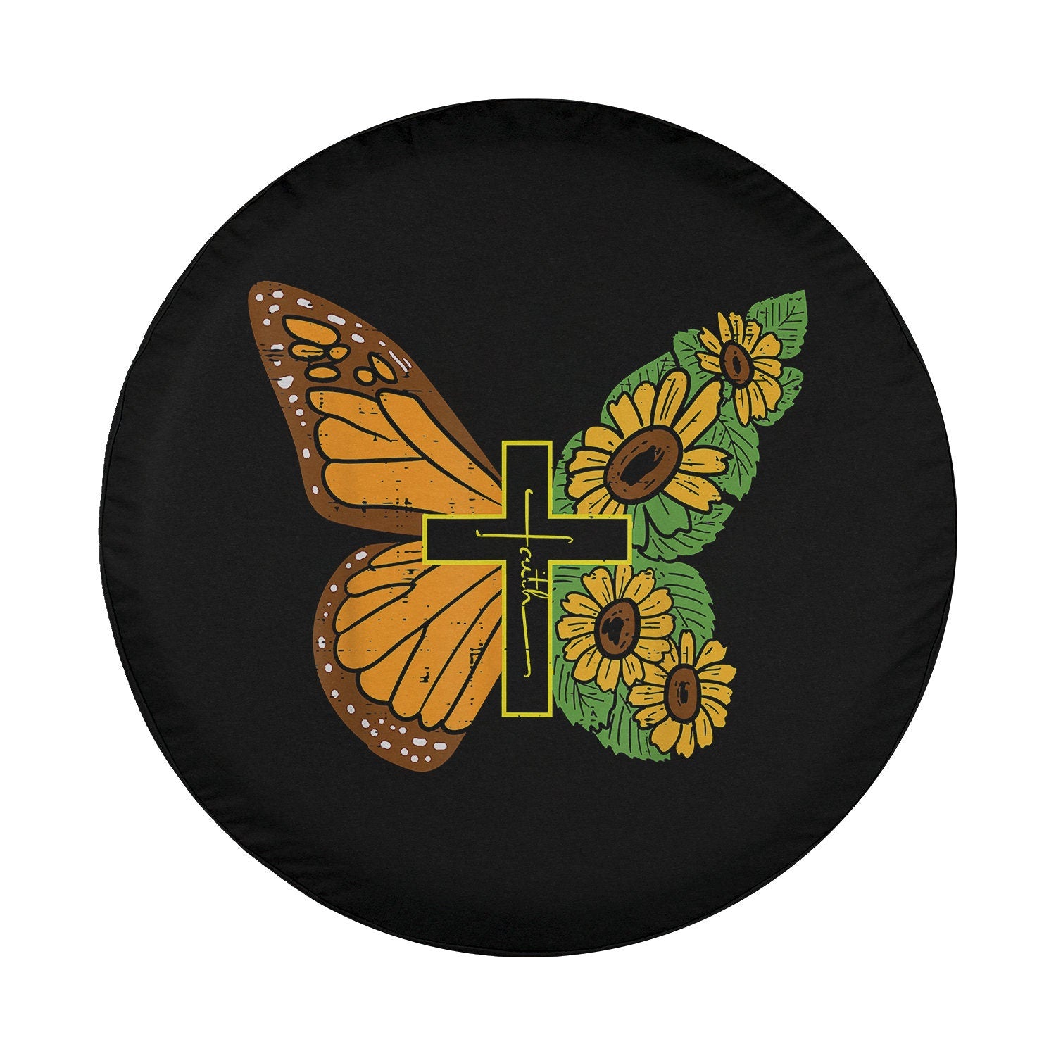 Butterfly Sunflower Cross Faith God Jesus Christian Spare Tire Cover - Christian Tire Cover