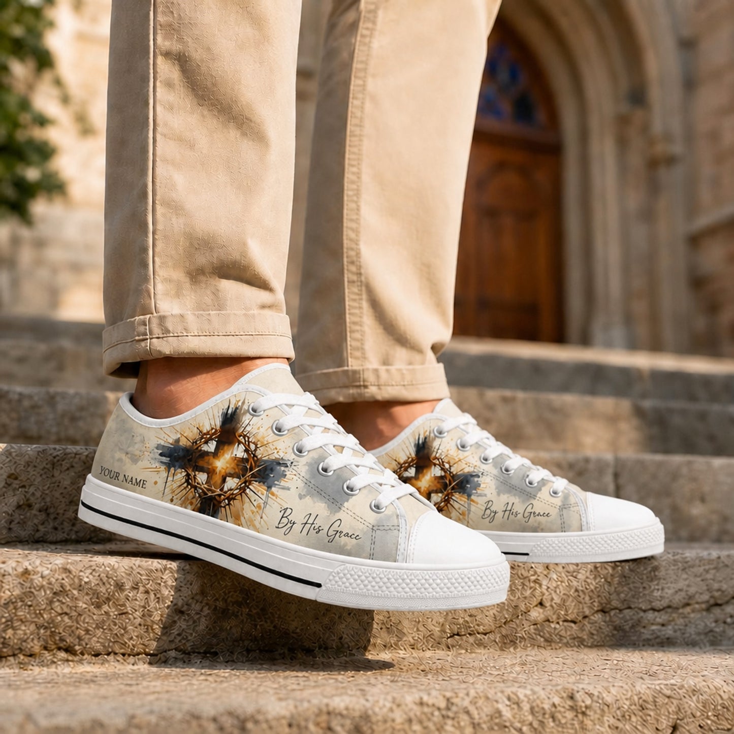 By His Grace Cross Crown Artistic Personalized Low Top Shoes Life style