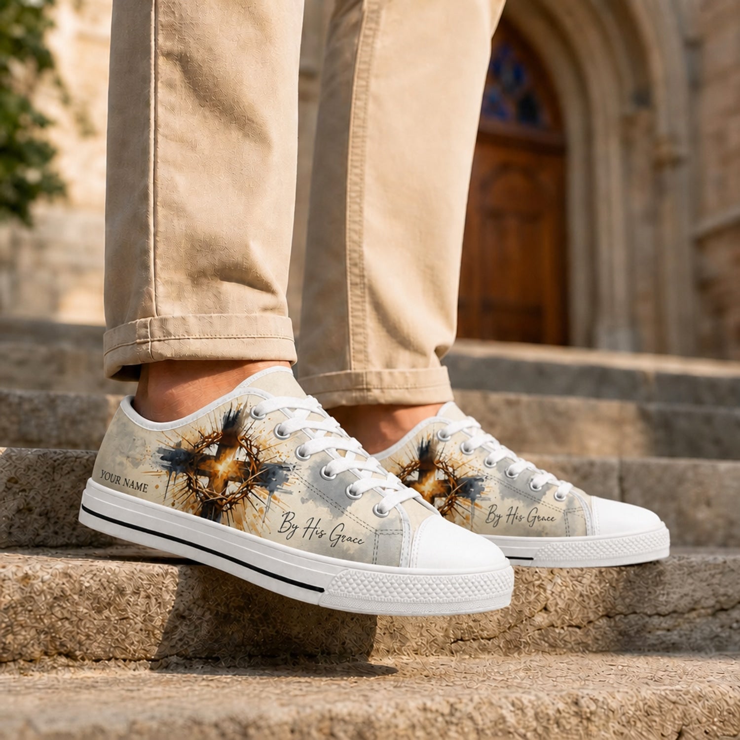 By His Grace Cross Crown Artistic Personalized Low Top Shoes Life style