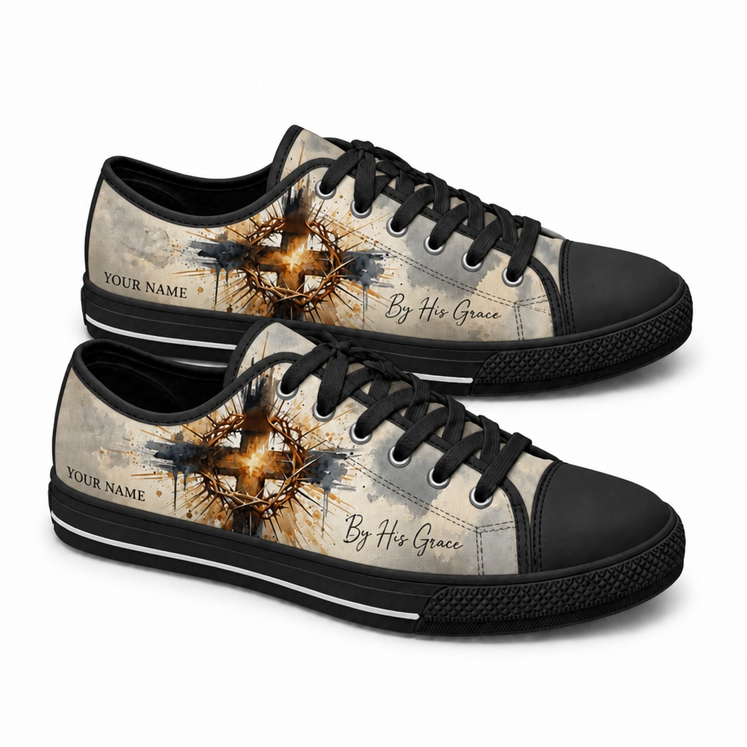 By His Grace Cross Crown Artistic Personalized Low Top Shoes black shoes