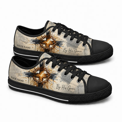 By His Grace Cross Crown Artistic Personalized Low Top Shoes black shoes