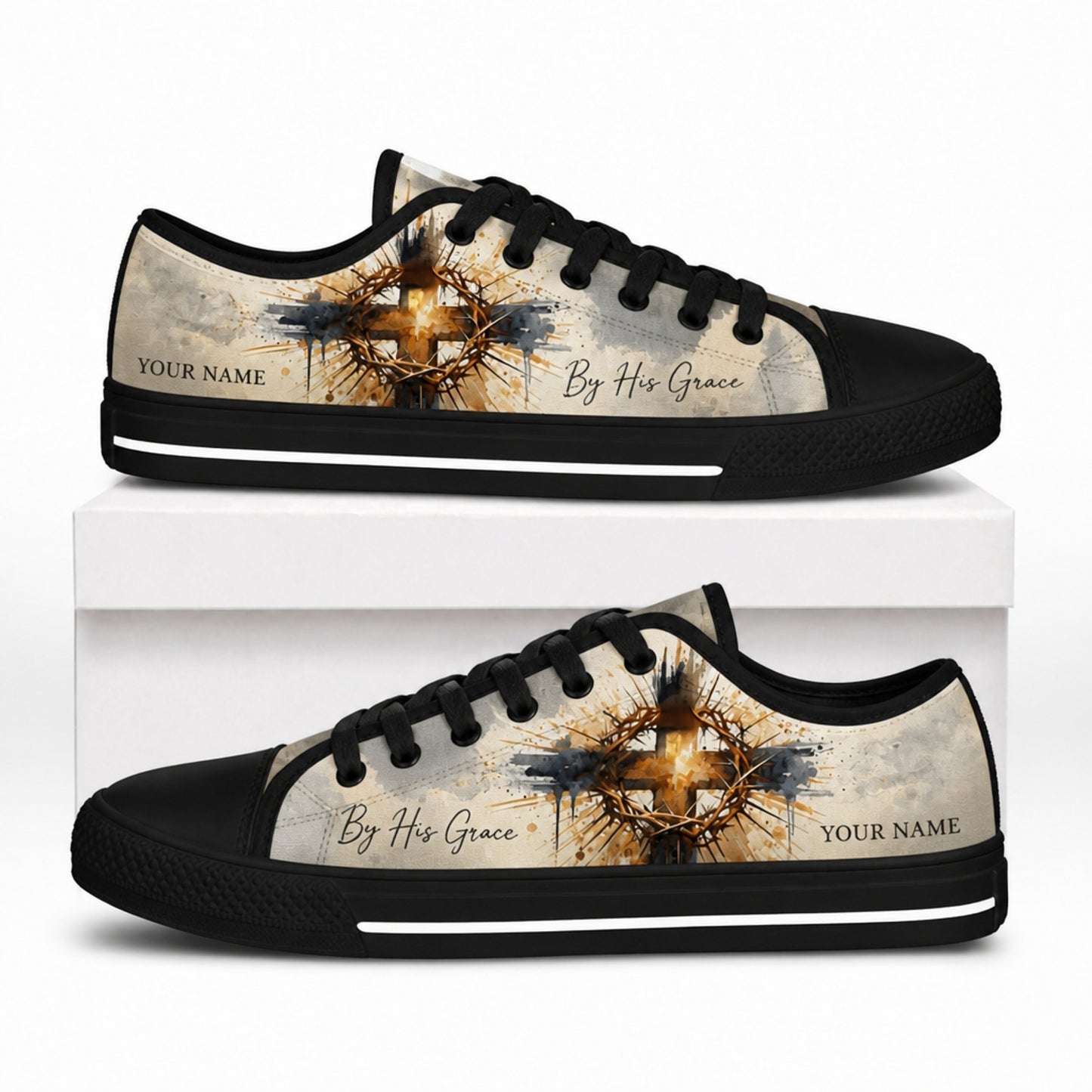 By His Grace Cross Crown Artistic Personalized Low Top Shoes box black
