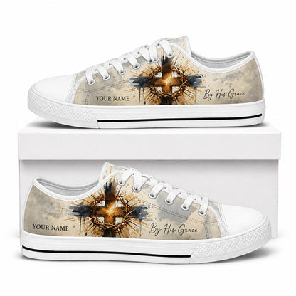 By His Grace Cross Crown Artistic Personalized Low Top Shoes box white