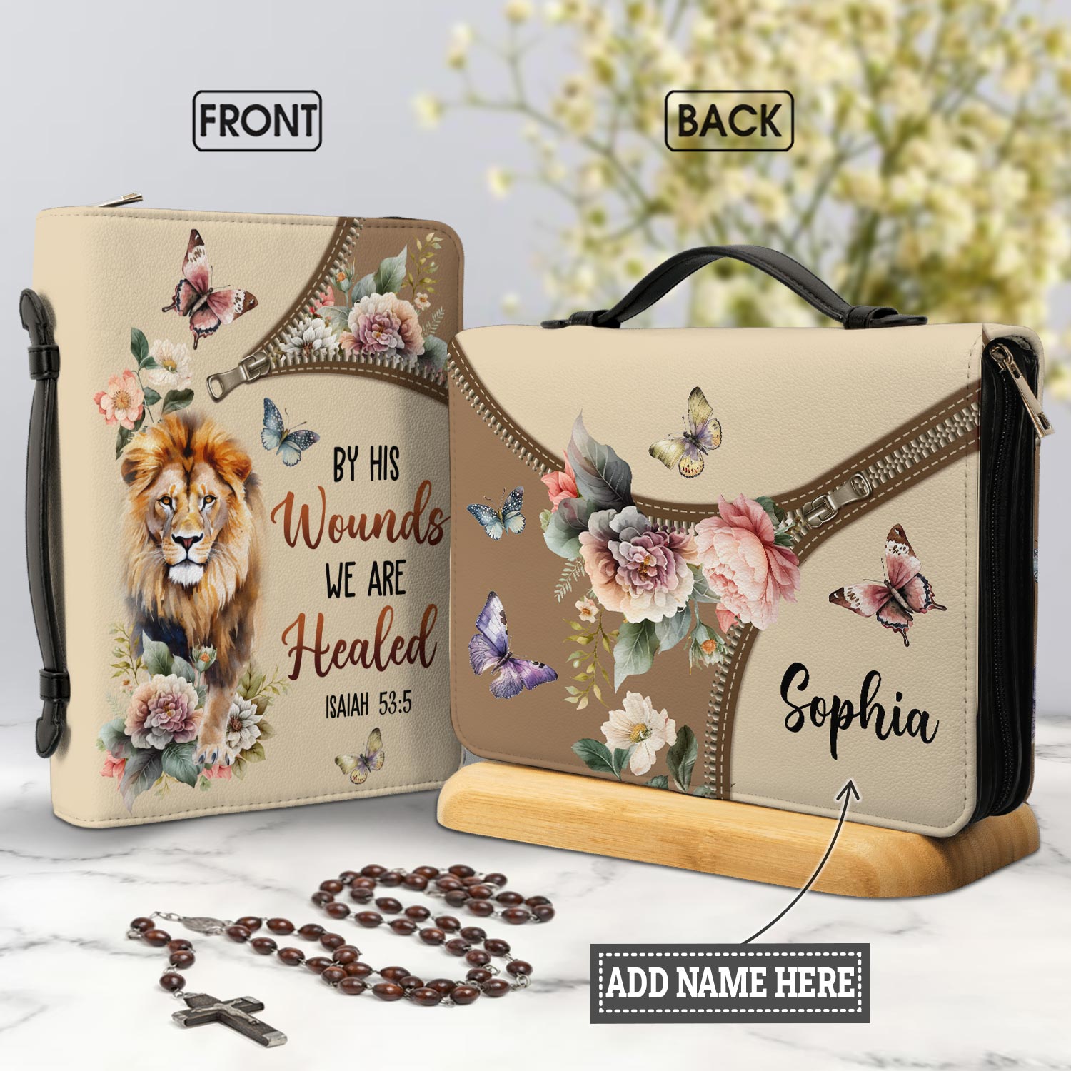 By His Wounds We Are Healed Isaiah 53 5 Lion Butterfly Personalized Bible Covers - Custom Bible Case Christian Pastor