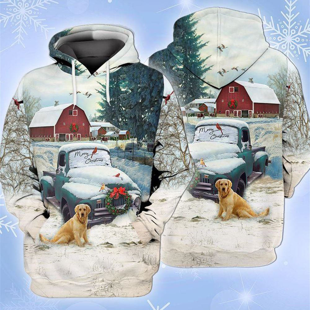Christmas Farm Blue Truck With Red Barn All Over Print 3D Hoodie For Men And Women, Christmas Gift, Warm Winter Clothes, Best Outfit Christmas