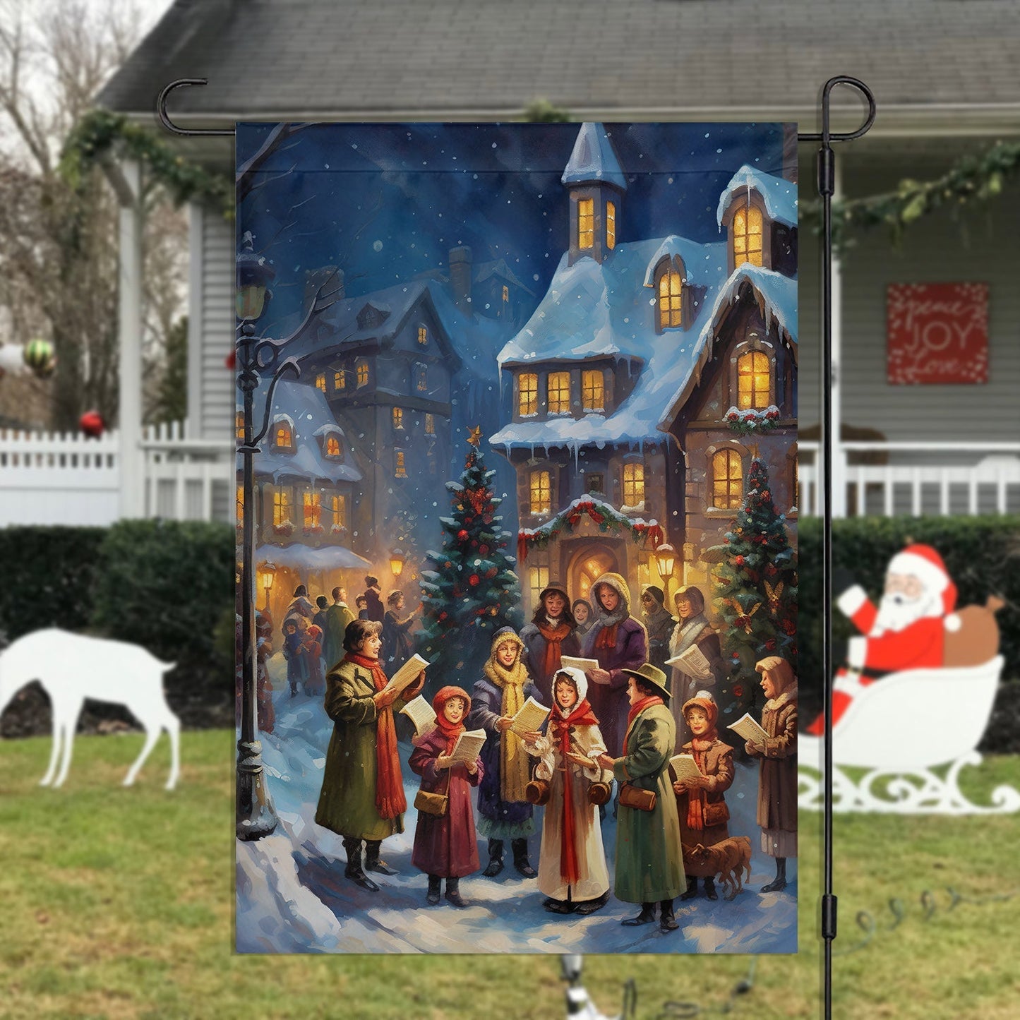 Carolers By The Candlelit Village Garden Flag & Christian House Flag  - Winter Flag Gift
