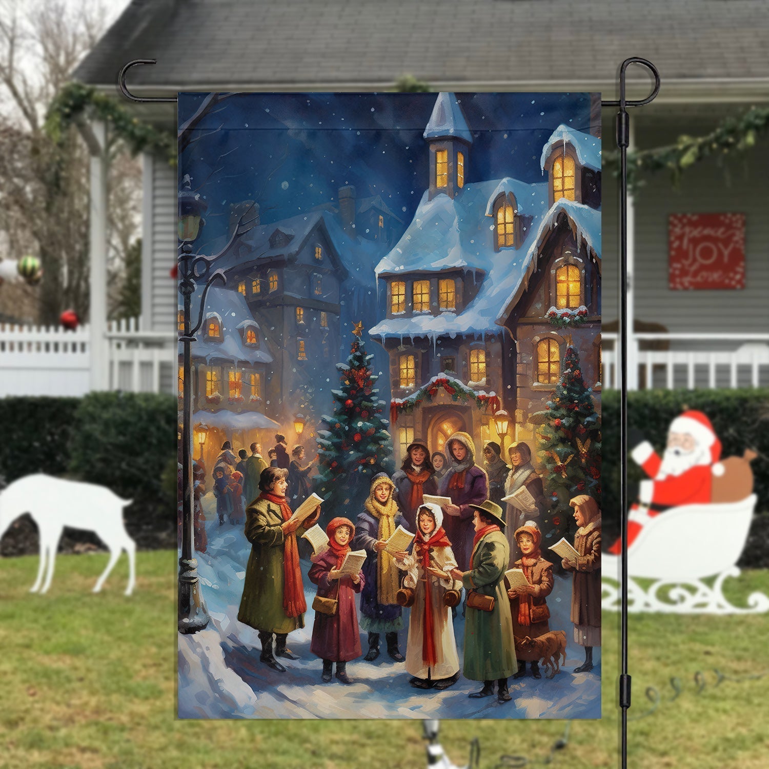 Carolers By The Candlelit Village Garden Flag & Christian House Flag  - Winter Flag Gift