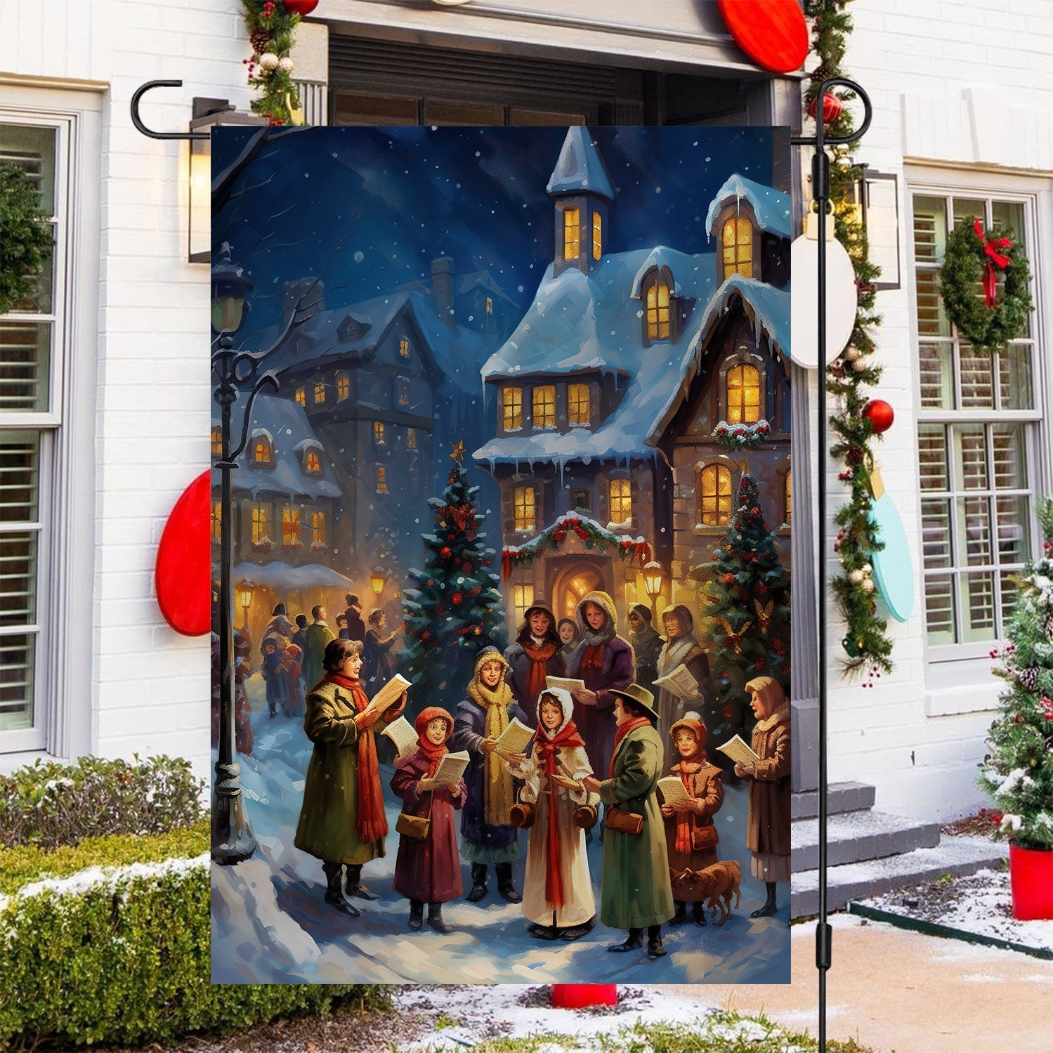 Carolers By The Candlelit Village Garden Flag & Christian House Flag  - Winter Flag Gift