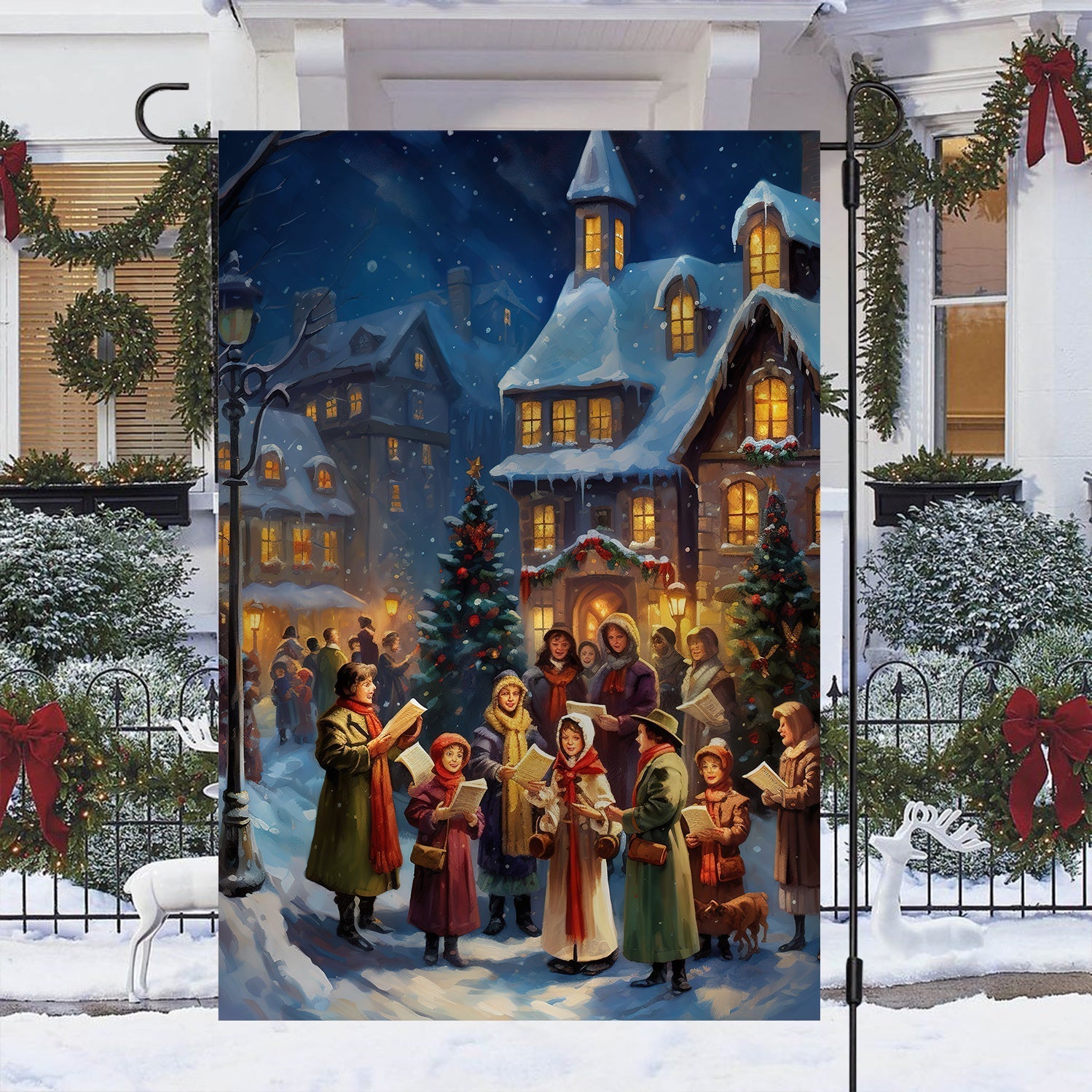 Carolers By The Candlelit Village Garden Flag & Christian House Flag  - Winter Flag Gift
