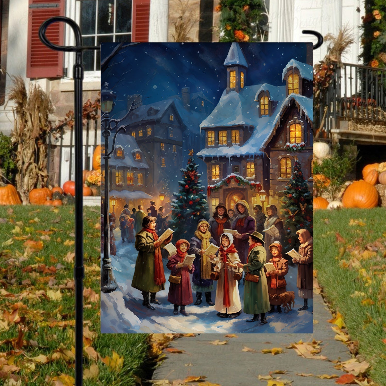 Carolers By The Candlelit Village Garden Flag & Christian House Flag  - Winter Flag Gift