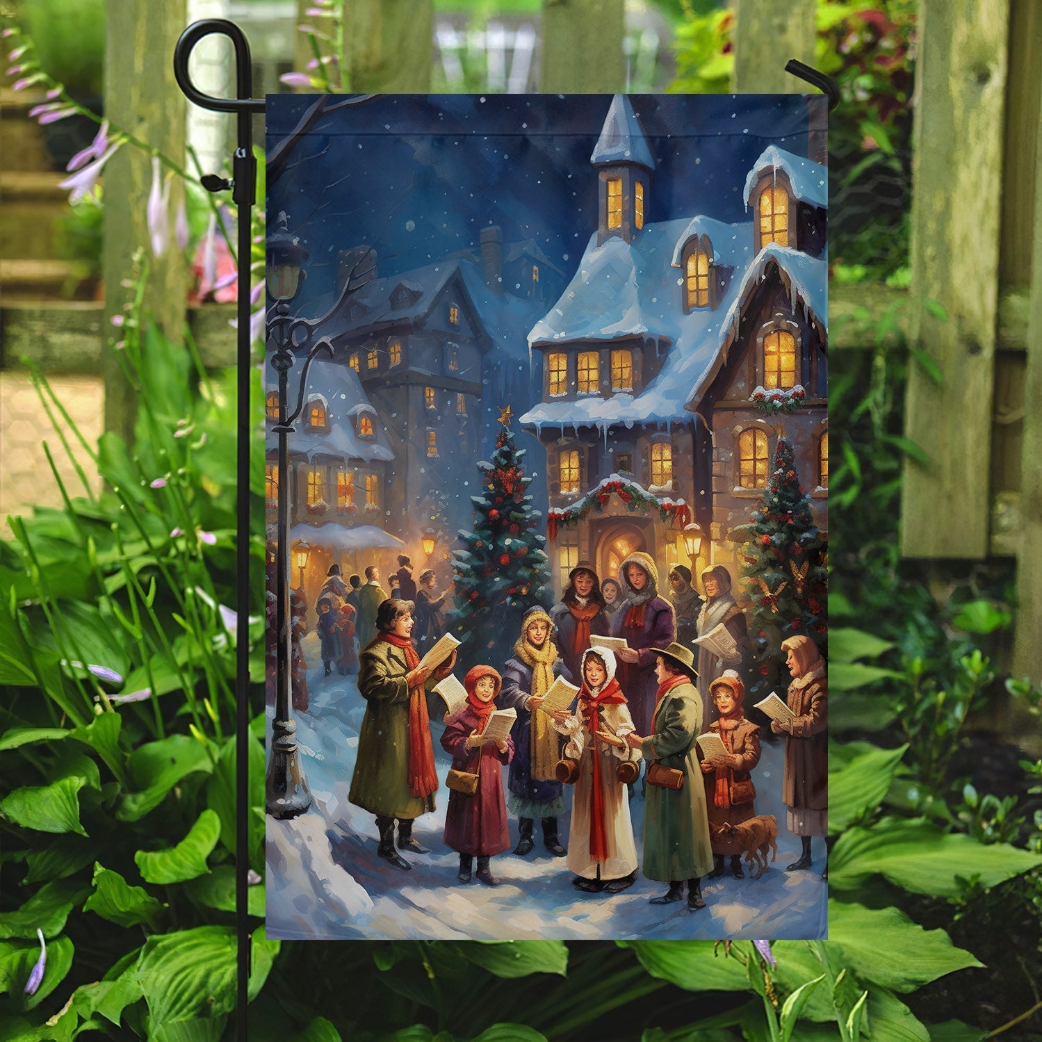 Carolers By The Candlelit Village Garden Flag & Christian House Flag  - Winter Flag Gift