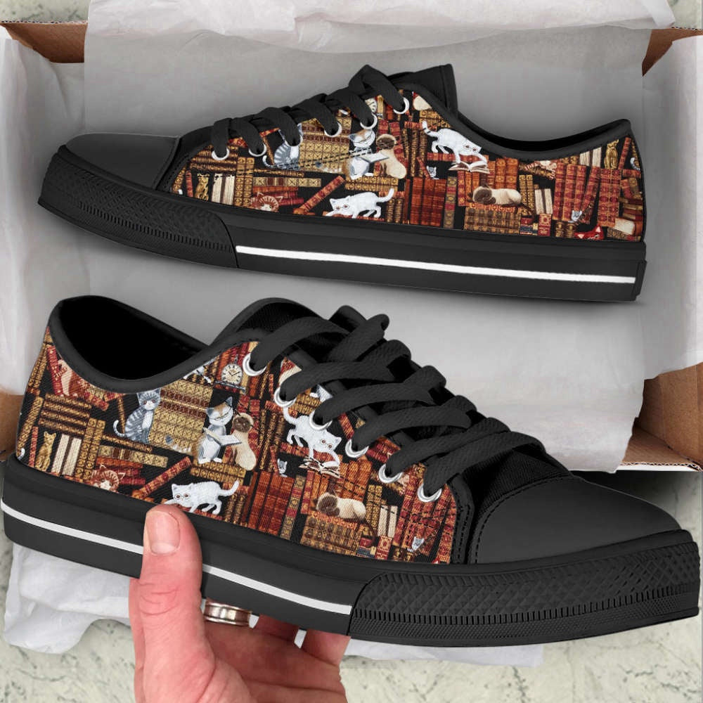 Cat Lover Shoes In The Library Low Top Shoes Canvas Shoes Print Lowtop, Cat Canvas Shoes