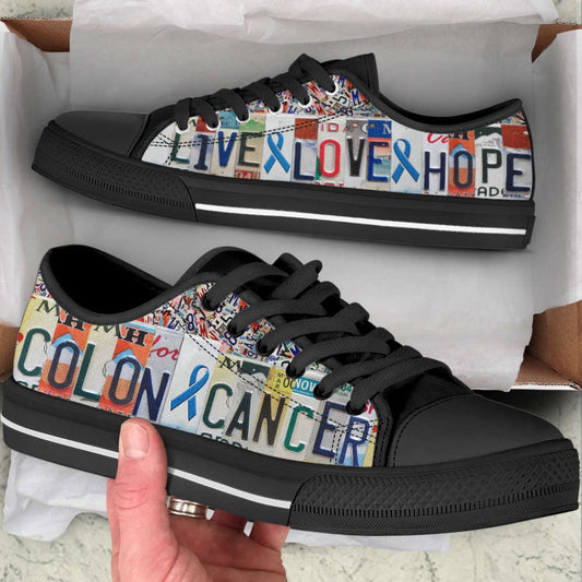 Colon Cancer Shoes Live Love Hope License Plates Low Top Shoes Canvas Shoes, Breast Cancer Awareness Shoes