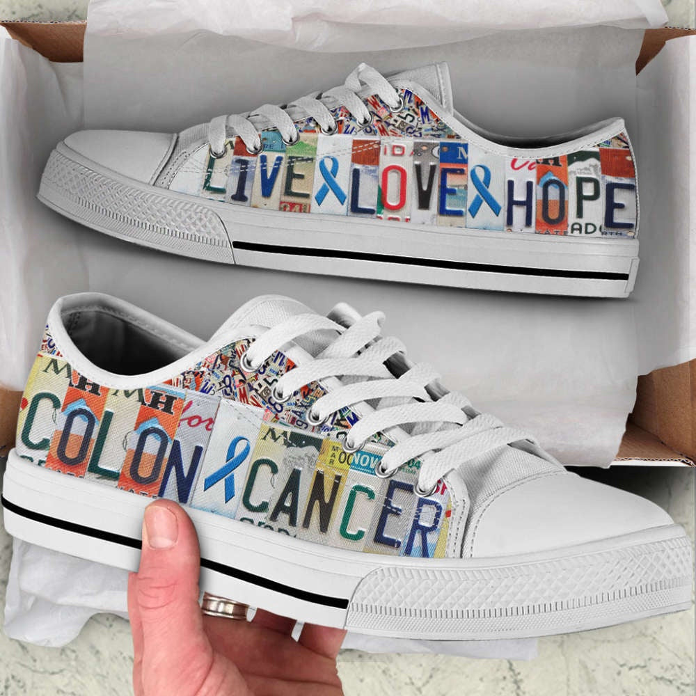 Colon Cancer Shoes Live Love Hope License Plates Low Top Shoes Canvas Shoes, Breast Cancer Awareness Shoes