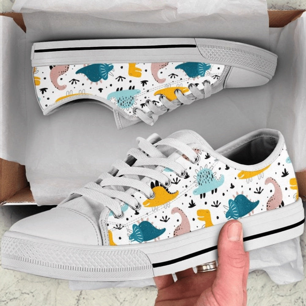 Color Repeating Pattern With Dinosaurs Low Top Shoes, Low Top Sneaker, Low Top Canvas Shoes