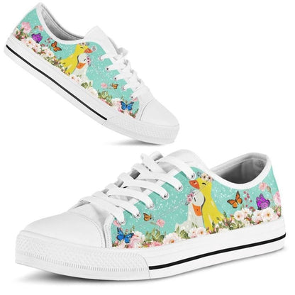 Couple Duck Love Flower Watercolor Low Top Shoes, Animal Print Canvas Shoes, Print On Canvas Shoes