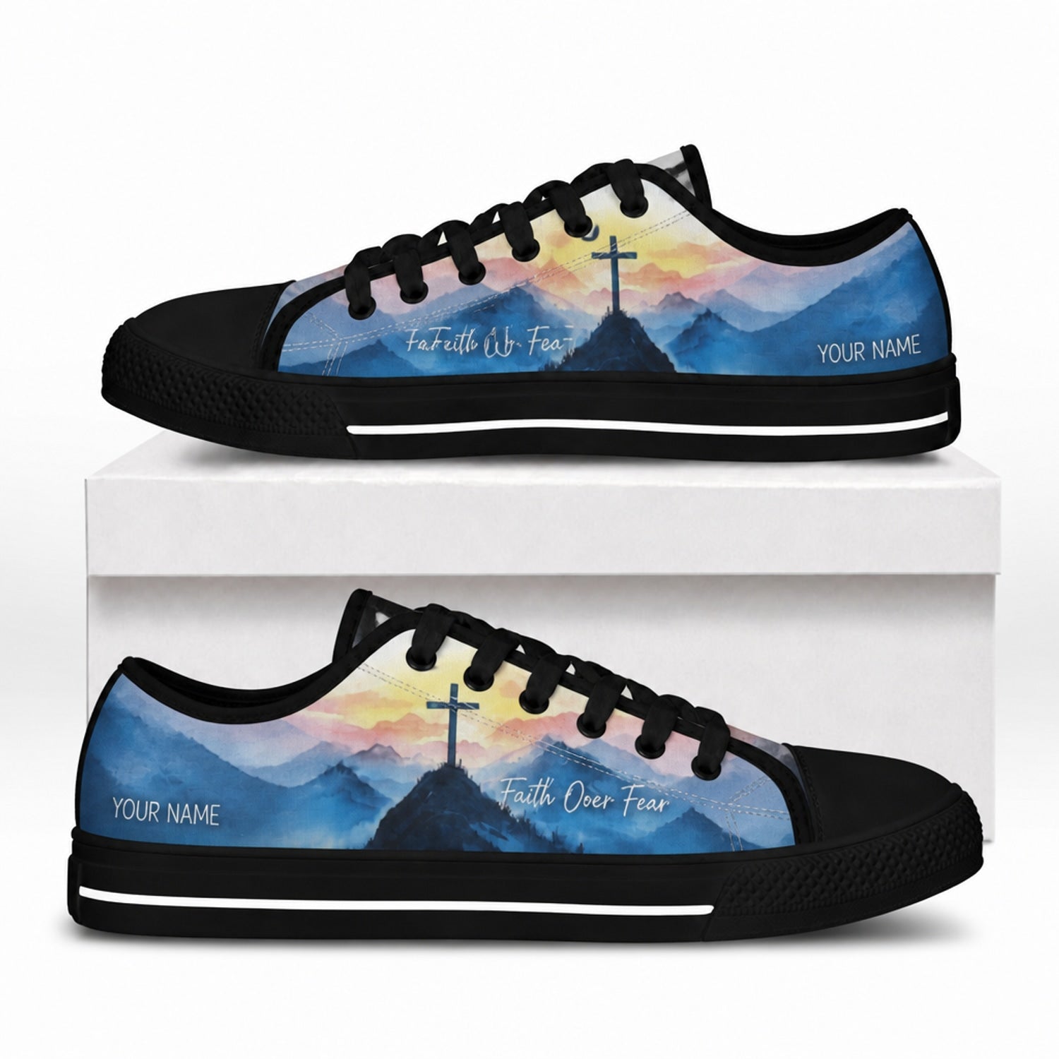 Cross On Mountain Modern Personalized Low Top Shoes box black    