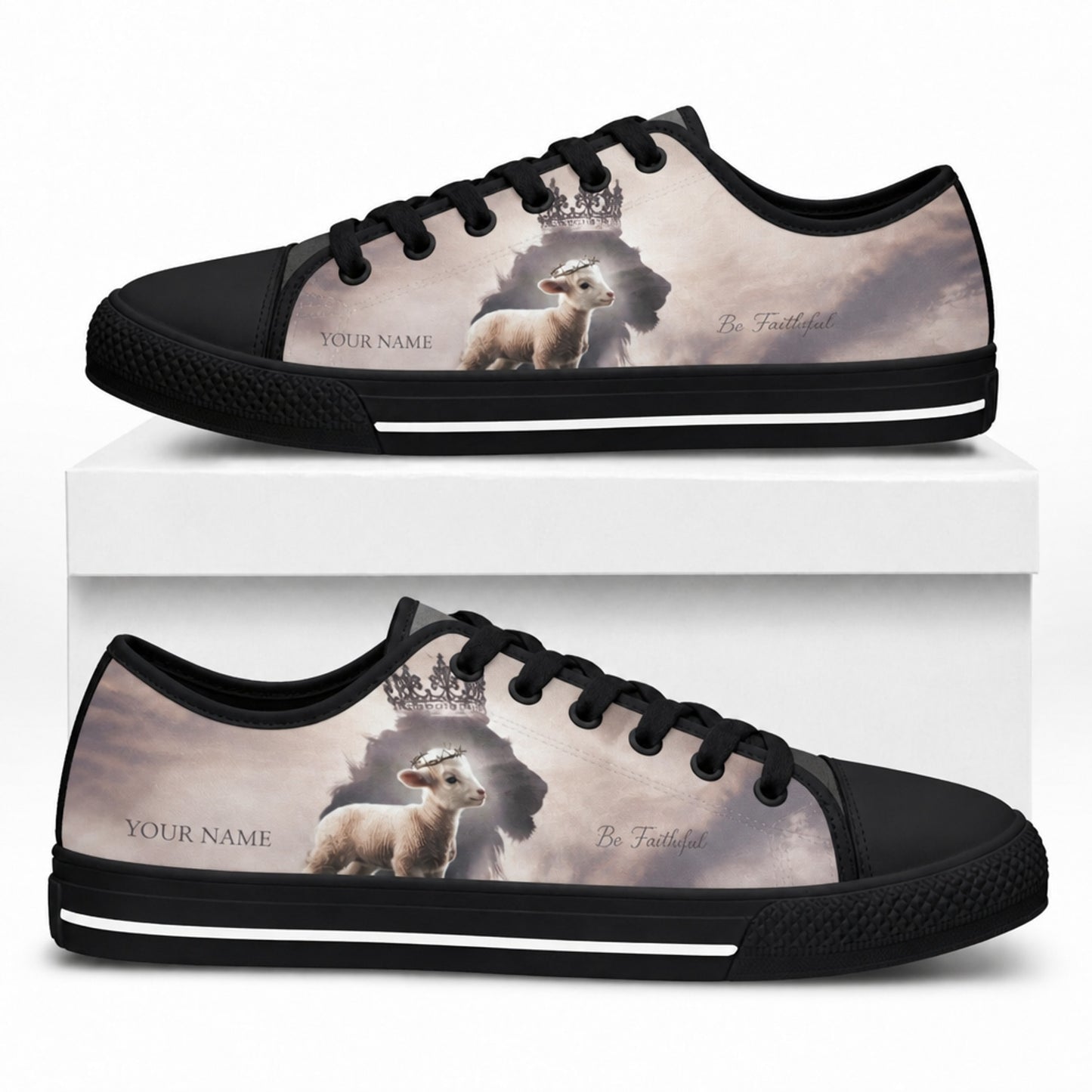Crowned Lamb And Lion Artistic Personalized Low Top Shoes box black  