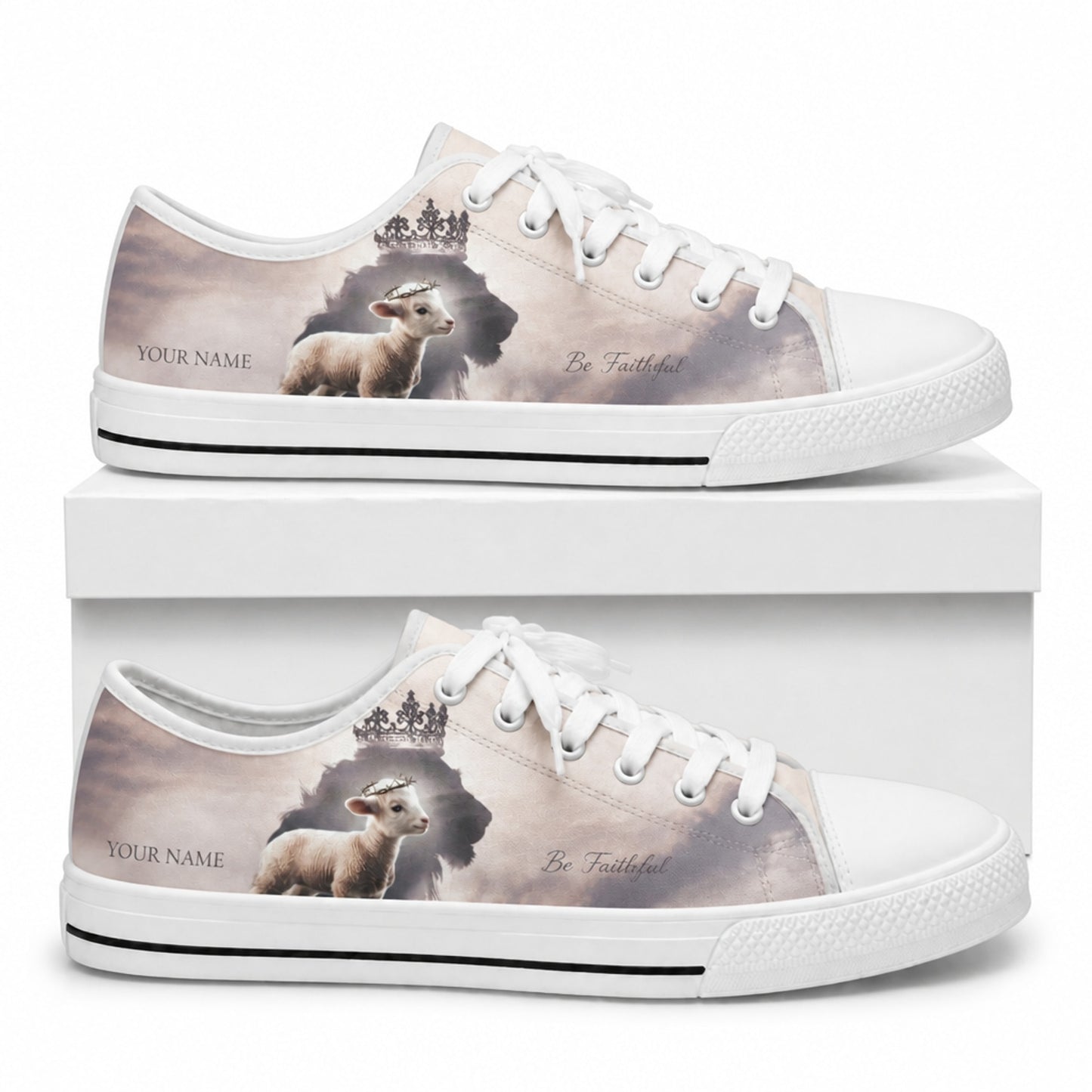 Crowned Lamb And Lion Artistic Personalized Low Top Shoes box white  