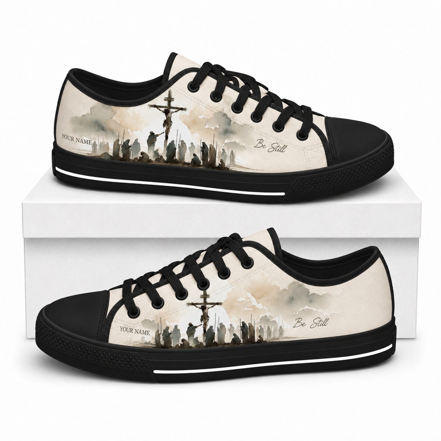 Crucifixion Silhouette Scene Classic Personalized Low Top Shoes box black    
