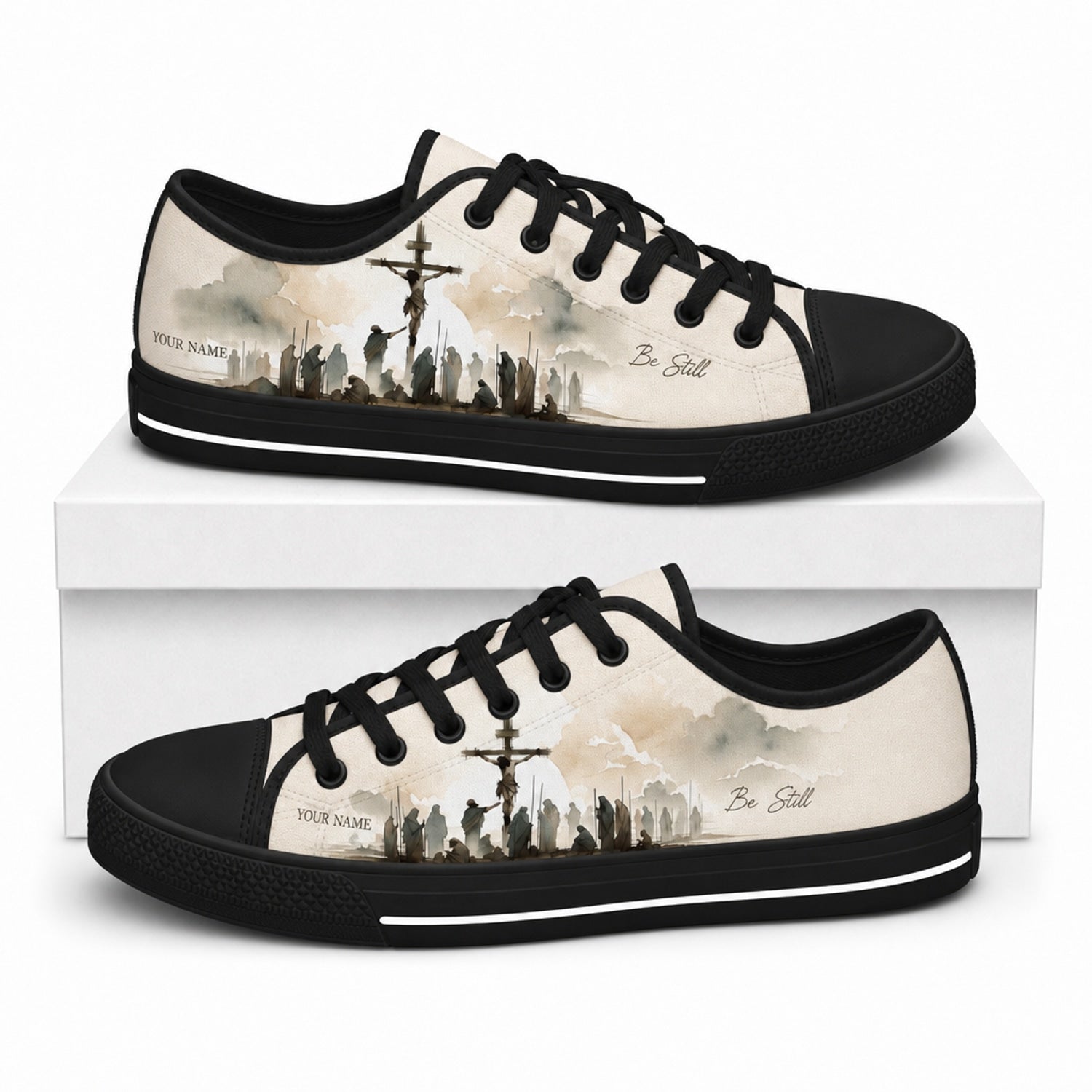 Crucifixion Silhouette Scene Classic Personalized Low Top Shoes box black    