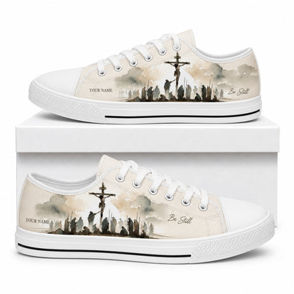 Crucifixion Silhouette Scene Classic Personalized Low Top Shoes box white    