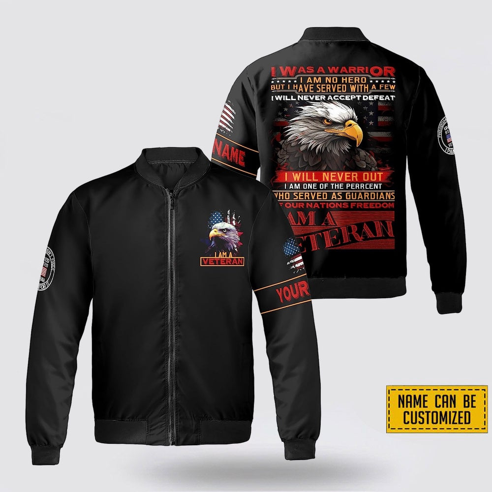 Custom Name I Am A Veteran I Will Never Accept Defeat Bomber Jacket