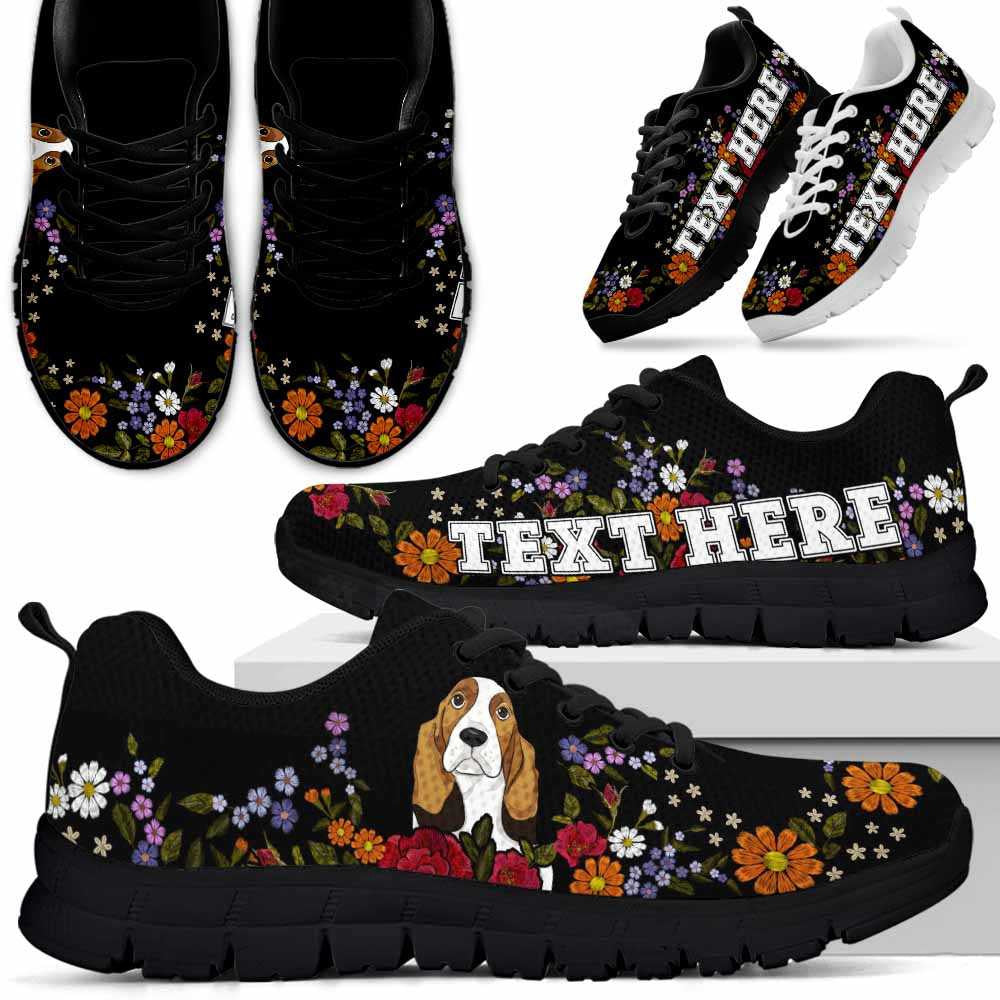 Custom Name Basset Sneaker, Basset Hound Colorful Flower Floral Dog Lovers Sneakers Gym Running Shoes, Best Running Shoes
