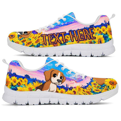 Custom Name Beagle Sneaker, Beagle Sunflower Sky Sneakers Running Shoes, Best Running Shoes