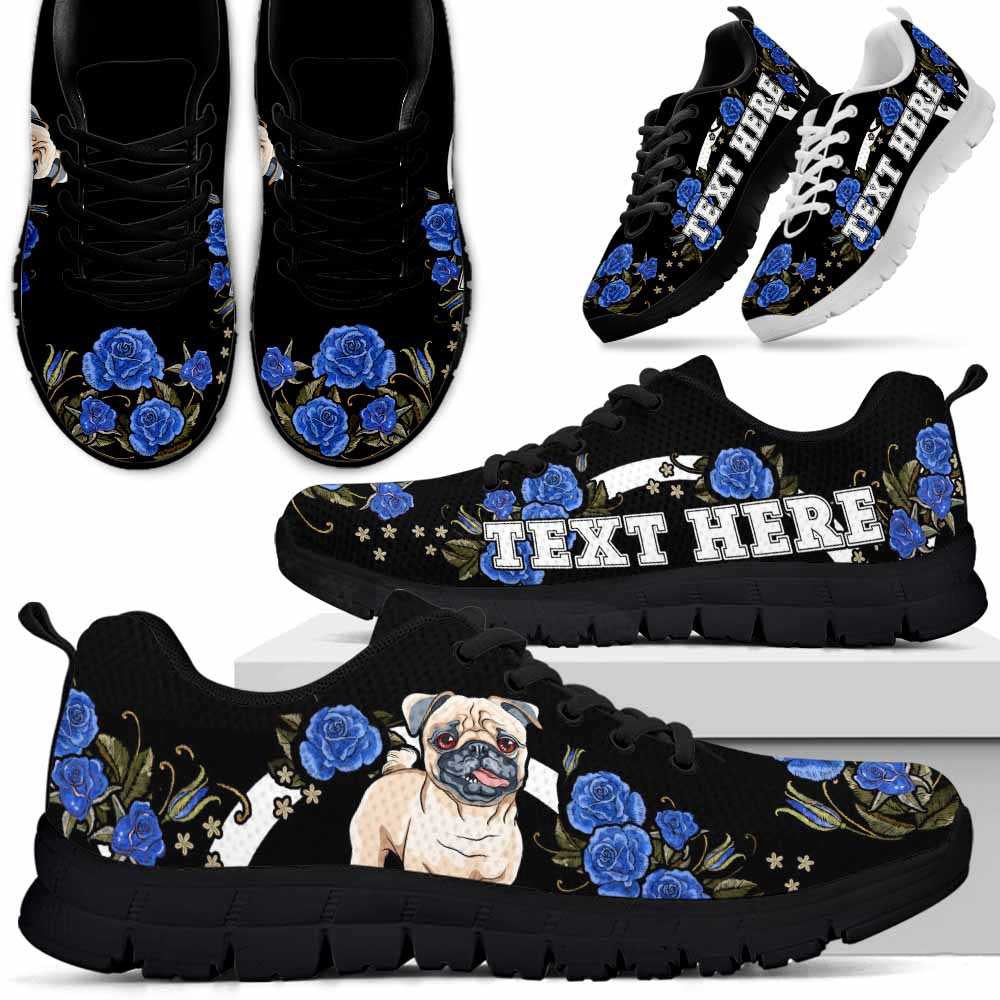 Custom Name Pug Sneaker, Pug Dog Lovers Sneakers Gym Rose Blue Flower Running Shoes, Best Running Shoes