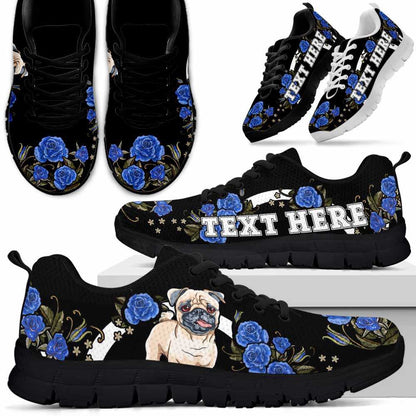 Custom Name Pug Sneaker, Pug Dog Lovers Sneakers Gym Rose Blue Flower Running Shoes, Best Running Shoes