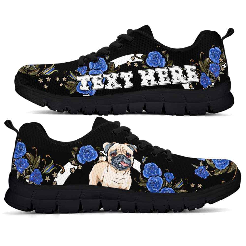 Custom Name Pug Sneaker, Pug Dog Lovers Sneakers Gym Rose Blue Flower Running Shoes, Best Running Shoes