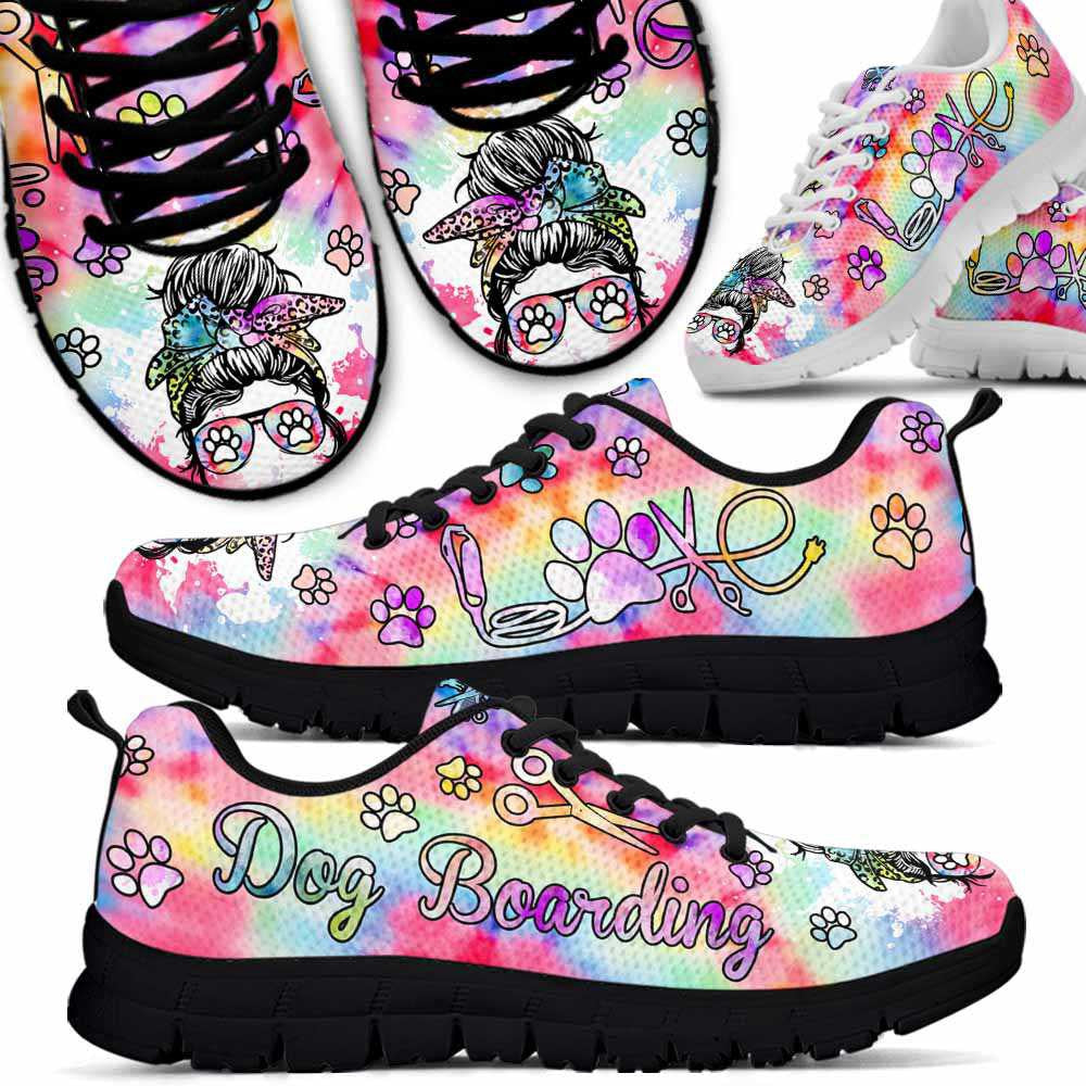 Dog Boarding Tie Dye Love Heart Sneakers Shoes, Dog Print Shoes, Best Running Shoes, Unique Gifts For Dog Lovers