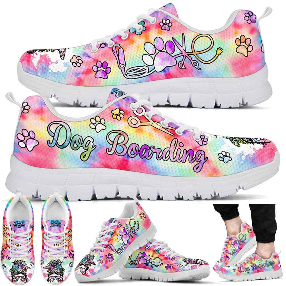 Dog Boarding Tie Dye Love Heart Sneakers Shoes, Dog Print Shoes, Best Running Shoes, Unique Gifts For Dog Lovers