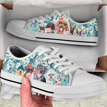 Dog Flowers Pattern Low Top Shoes Canvas Sneakers Casual Shoes, Dog Printed Shoes, Canvas Shoes For Men, Women