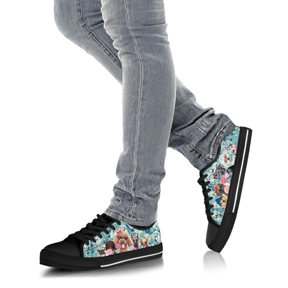 Dog Flowers Pattern Low Top Shoes Canvas Sneakers Casual Shoes, Dog Printed Shoes, Canvas Shoes For Men, Women