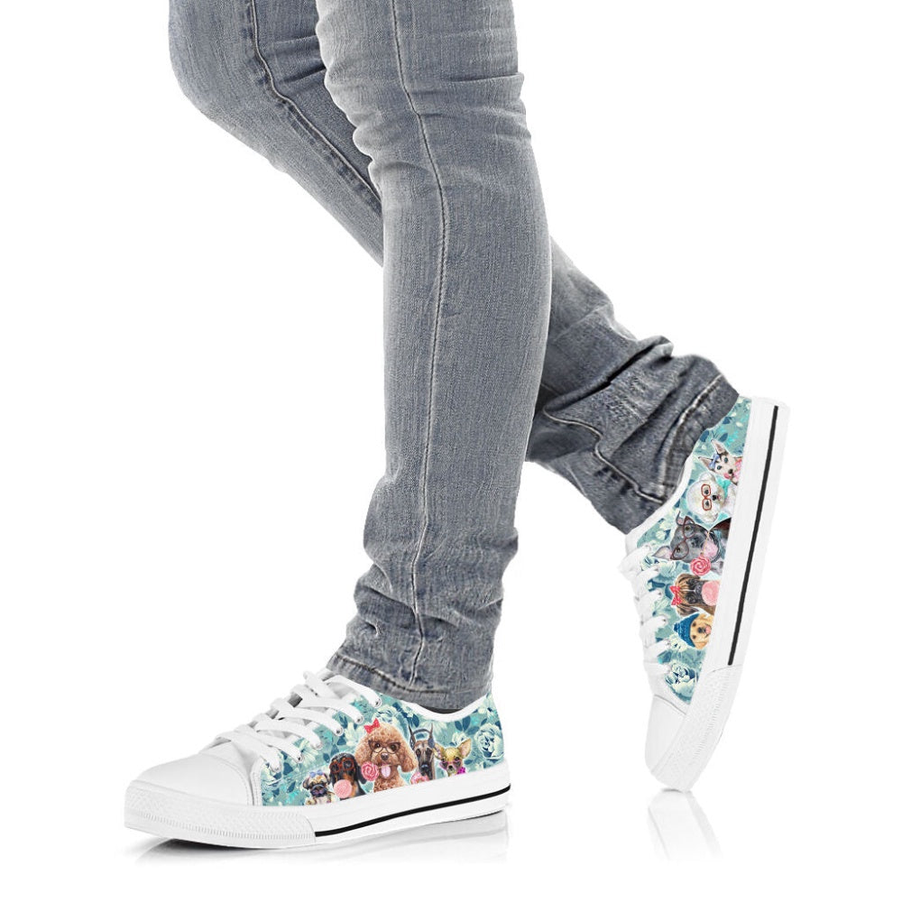 Dog Flowers Pattern Low Top Shoes Canvas Sneakers Casual Shoes, Dog Printed Shoes, Canvas Shoes For Men, Women