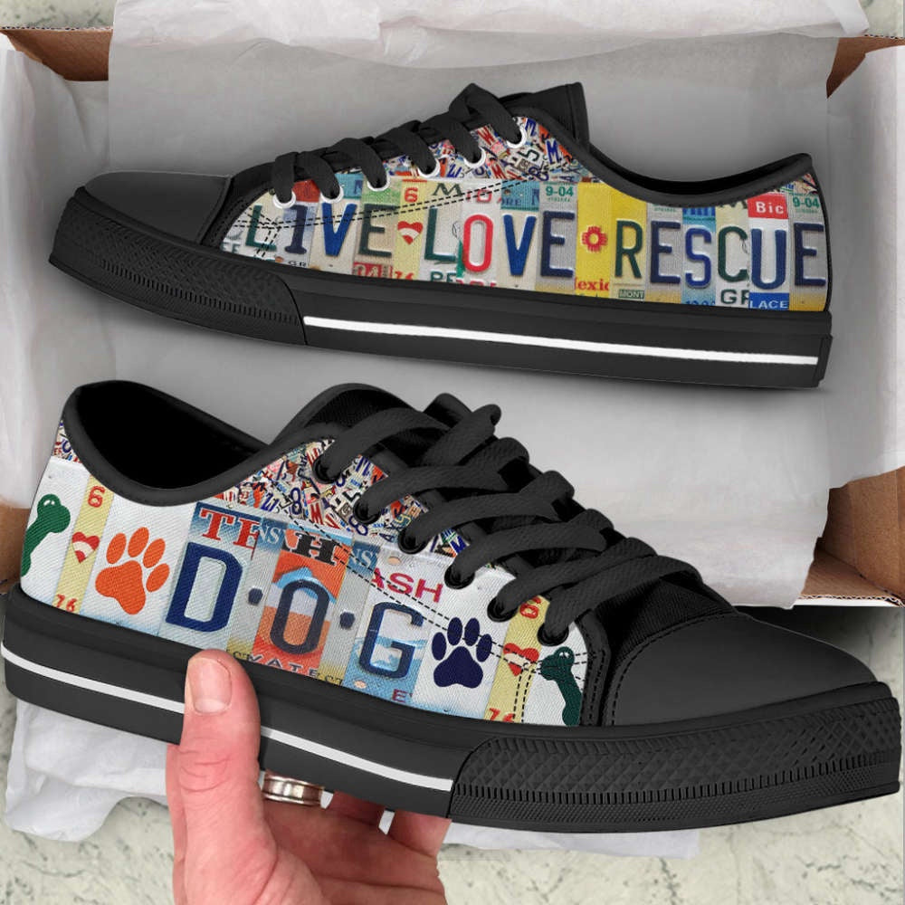Dog Paw Print Live Love Rescue License Plates Low Top Shoes Canvas Sneakers, Dog Printed Shoes, Canvas Shoes For Men, Women