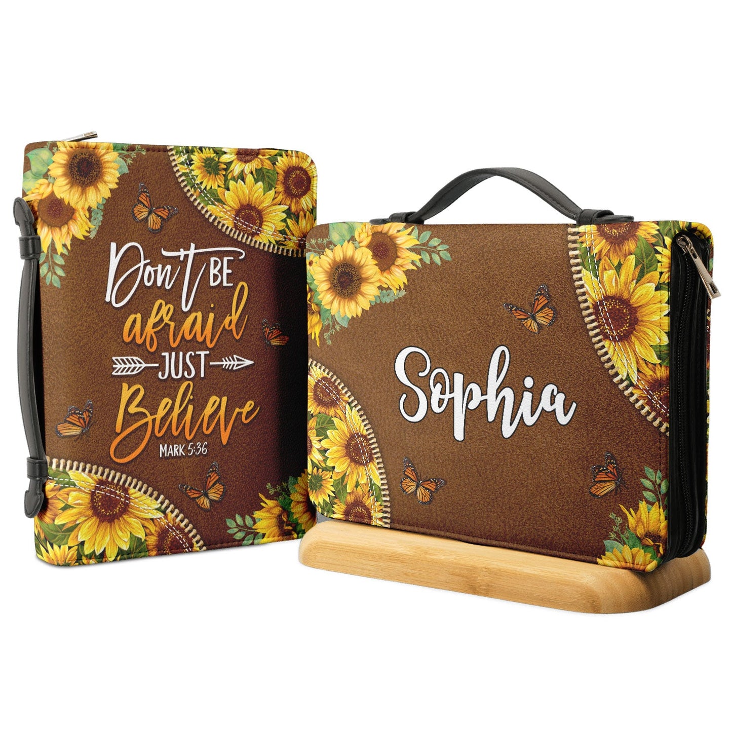 Dont Be Afraid Just Believe Mark 5 36 Sunflower Butterfly Personalized Bible Covers - Custom Bible Case Christian Pastor