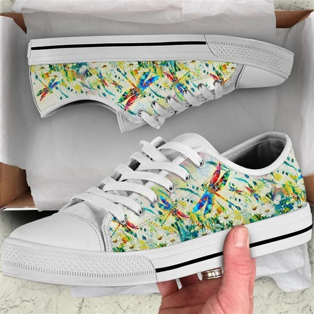 Dragonfly Flower Oil Painting Canvas Low Top Shoes, Animal Print Canvas Shoes, Print On Canvas Shoes