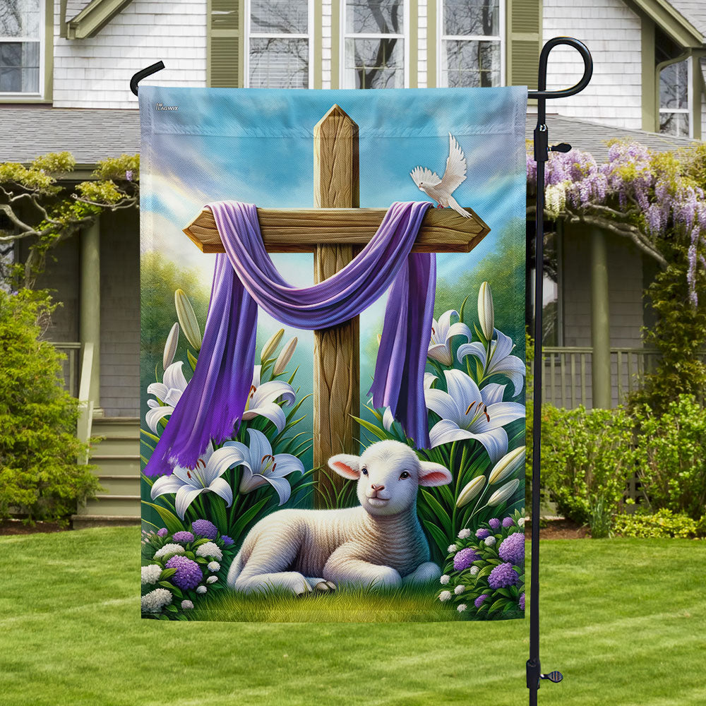 Easter Day Lamb Purple Cloth On Cross Flag - Religious House Flags