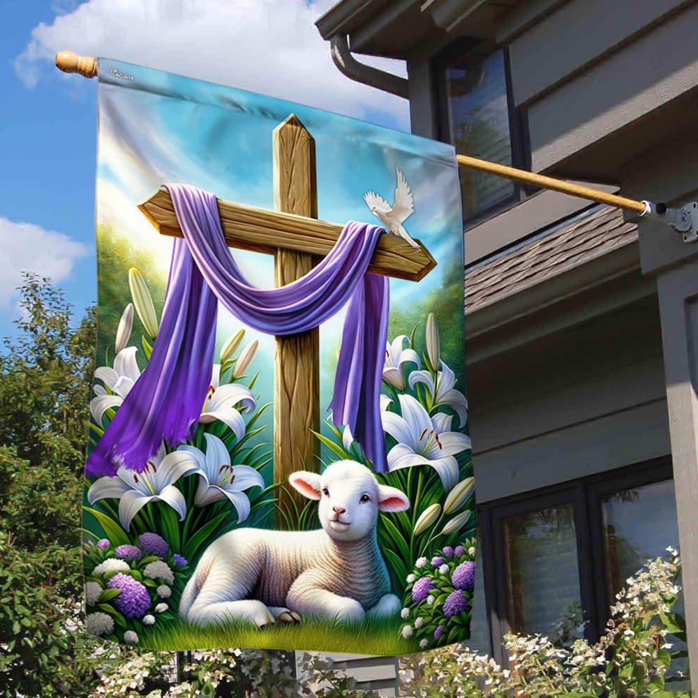 Easter Day Lamb Purple Cloth On Cross Flag - Religious House Flags